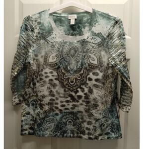 Chico's Zenergy Size Large (2) Artsy Rhinestone 3/4 Sleeves w/ Eyelet Detail Top